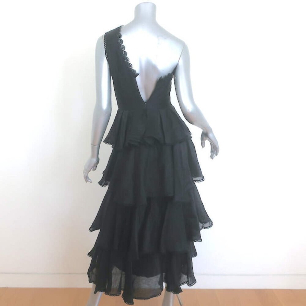 AMUR Lena One-Shoulder Cutout Midi Dress Black Ruffled Linen-Silk Size 00 - Picture 4 of 7